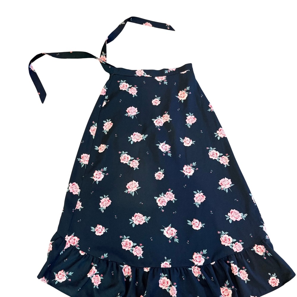 Floral Wrap Skirt Pink Rose High Low Ruffle Hem Black Boho Romantic Small
